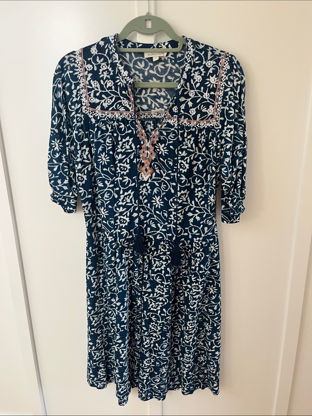 Monsoon Navy and White Floral  knee length Dress with Pink Trim M